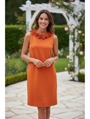 Just Taylor Orange Sleeveless Midi Dress w Floral Neck